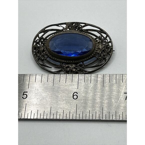 Vintage Cobalt Blue Glass Oval Brooch Pin Metal Unsigned - Picture 9 of 10